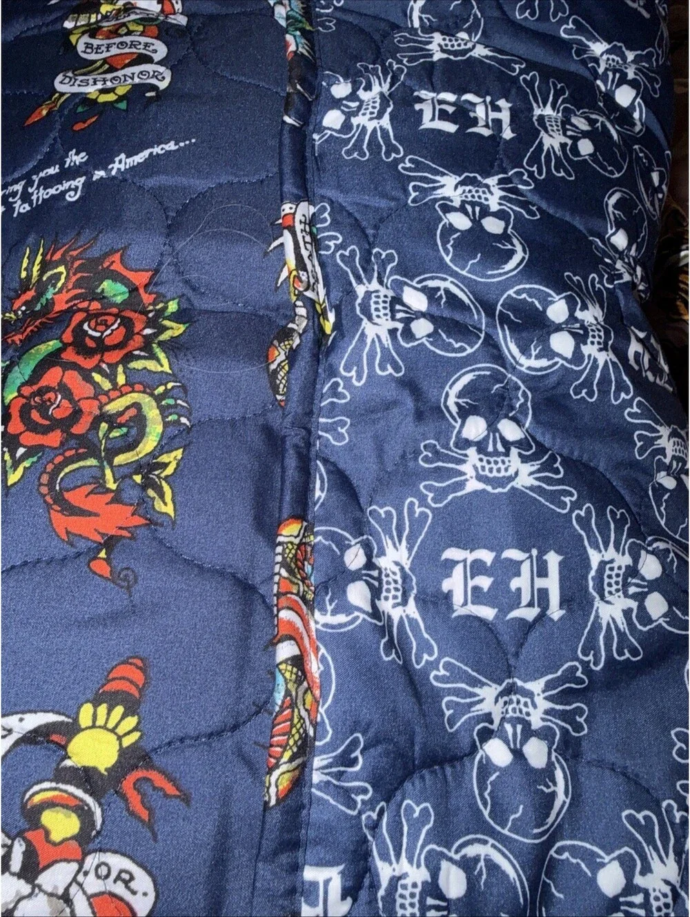 Ed Hardy 3pc FULL/QUEEN Reversible Quilt Blanket & Shams Set Skulls,Roses &Tiger